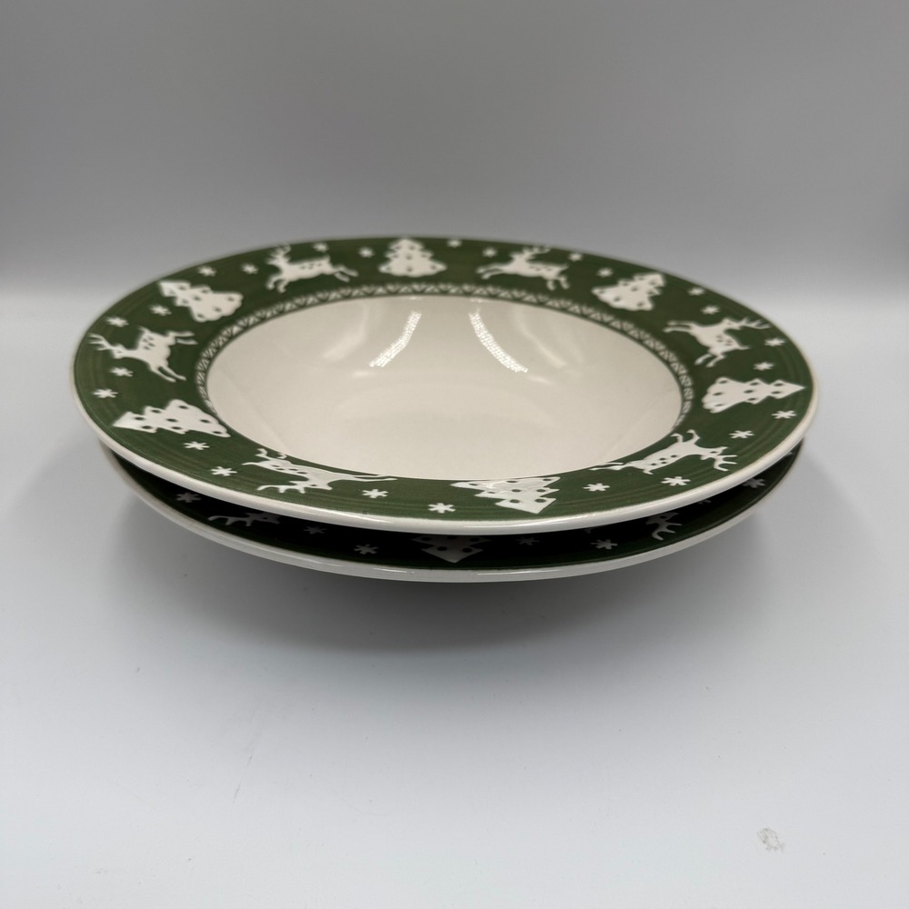 Sango White Woods 6170 Reindeer Christmas Soup Pasta Bowls Set of 2 Green White